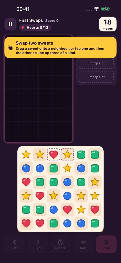 Candy Blocks first-launch tutorial teaching a sweet match with the candy plate and block board