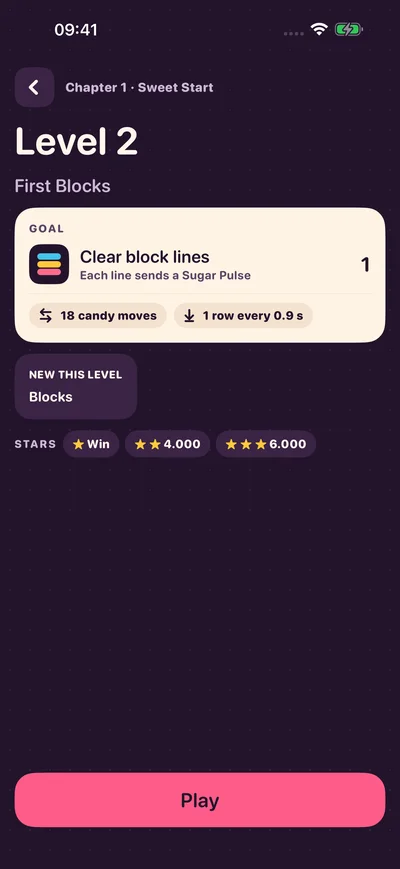 Candy Blocks level two briefing presenting the goals before starting the next puzzle