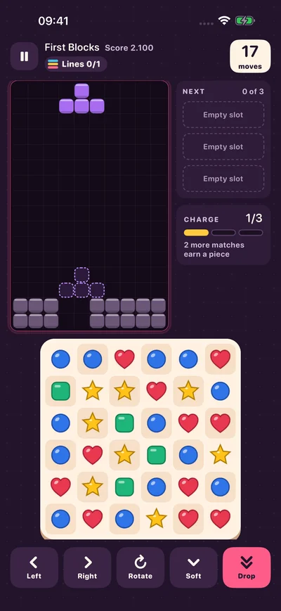 Candy Blocks gameplay with a falling block earned from matching sweets and both live boards visible