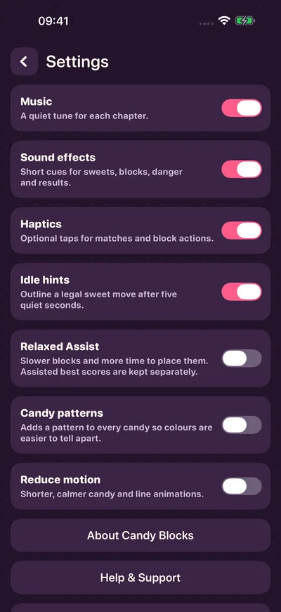 Candy Blocks settings with music, sound effects, haptics, Relaxed Assist and candy pattern options