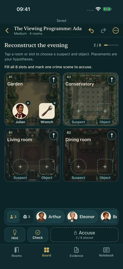 Case board with a logical map and controls for placing suspects and objects