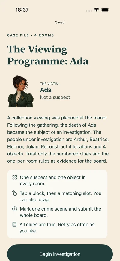 Case file for The Viewing Programme: Ada, introducing the victim, suspects and investigation rules