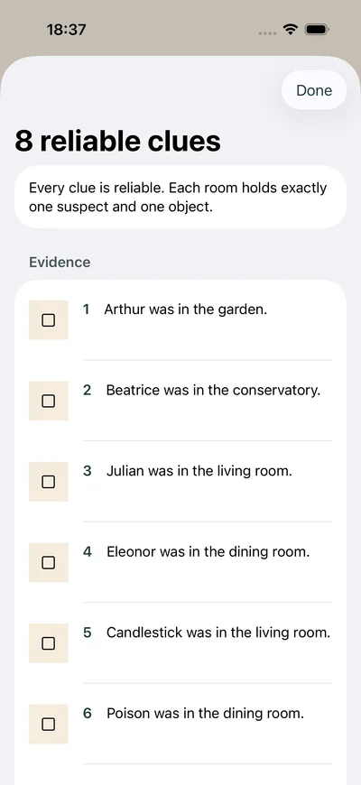 Clues panel with eight numbered pieces of evidence and checkboxes
