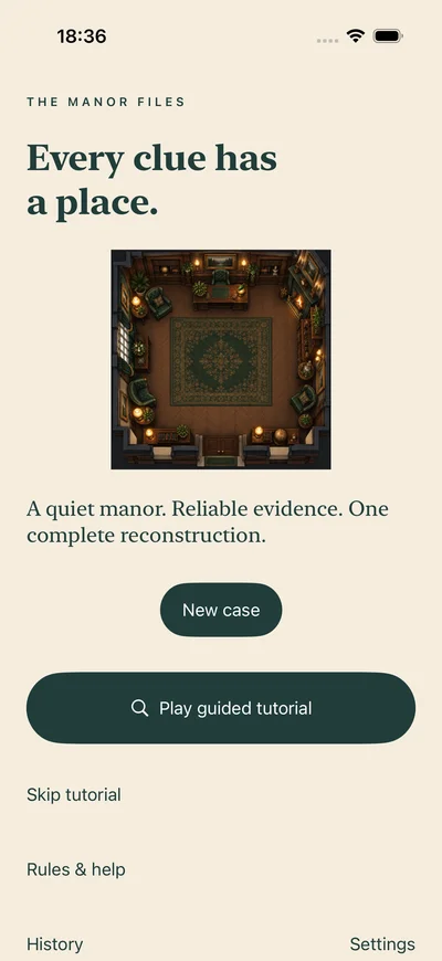 Murder Mysteries home screen with manor artwork and options to start a case or play the guided tutorial