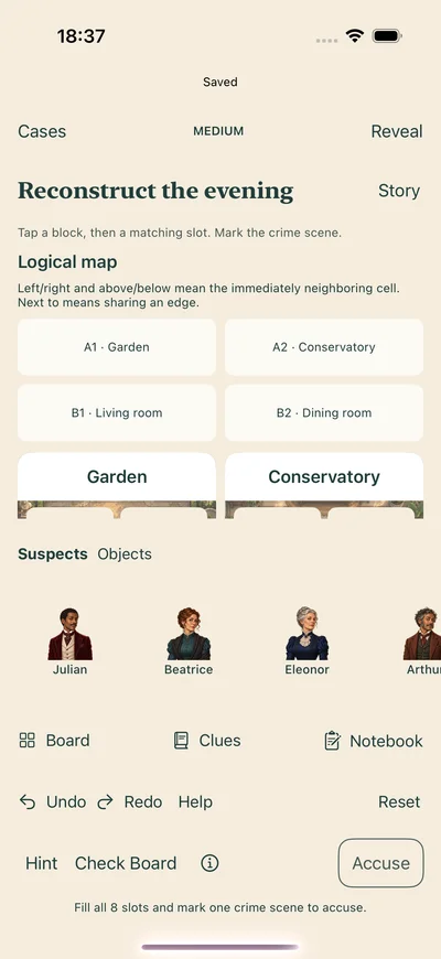 Investigation board with a room map, suspect cards and controls for checking deductions