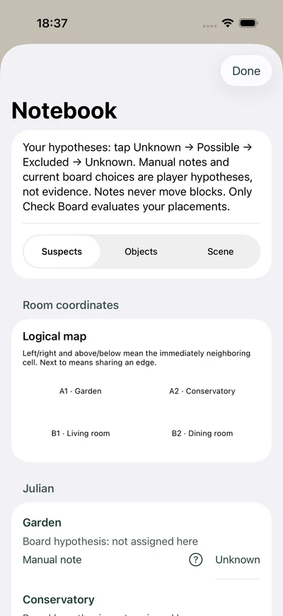 Detective notebook with suspect, object and scene tabs for recording hypotheses