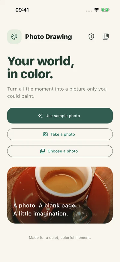 Photo Drawing home screen with sample photo, camera and photo-library choices beneath Your world, in color