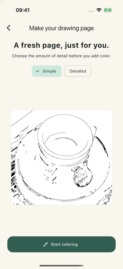 A coffee-cup photo converted to black outlines with Simple and Detailed controls before coloring