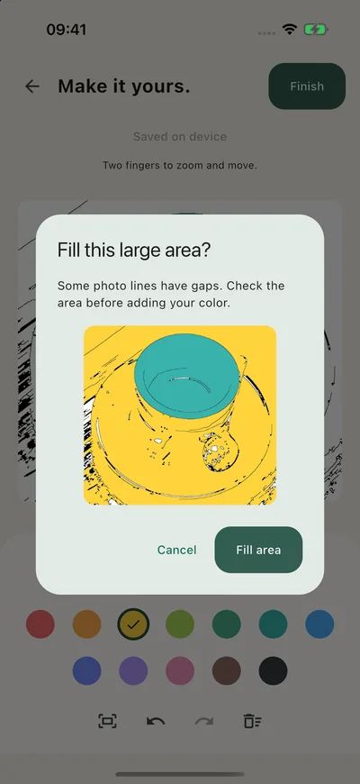 Large-area fill confirmation showing a yellow background and teal coffee cup with Cancel and Fill area buttons