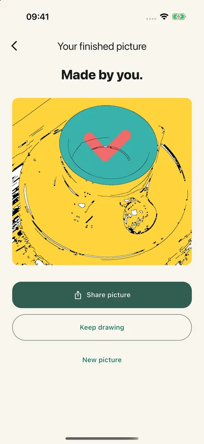 Finished yellow and teal coffee-cup artwork with Share picture, Keep drawing and New picture controls