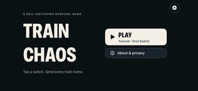 Train Chaos home screen with the game title, a Play button that starts the First Switch tutorial, an About and privacy button and a settings button