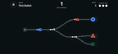 A First Switch run with 1 delivered and all 3 lives left: a red train for triangle station C heads up the branch to blue circle station B, while a blue train for B follows from origin A