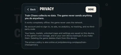 The in-game Privacy page: Train Chaos collects no data, never uses the network, and has no account, ads, analytics, tracking or third-party code